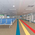 Hospital Waiting Room With Blue Chairs Colorful Floor Stripes White Walls And Info Signs