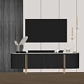 Modern Black Gold TV Stand With TV Decorative Items Pendant Lights Wall And Wooden Floor