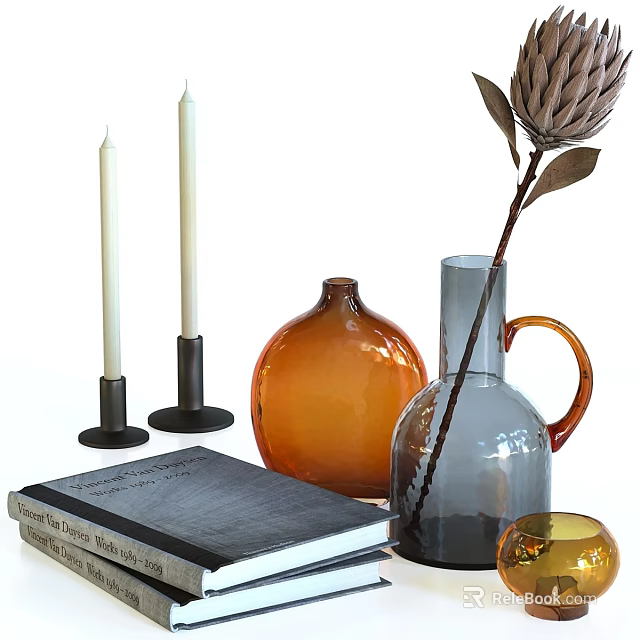 Stylish Decorative Ornament Set with White Candles Orange Gray Vases Books and Flower 3d model 