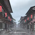 Rainy Ancient Architecture Street with Red Lanterns Woman in Traditional Dress and Cherry Blossom Trees