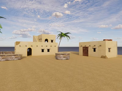 Traditional Desert Adobe Houses With Arched Doors Palm Tree Blue Sky And Ocean 3d model