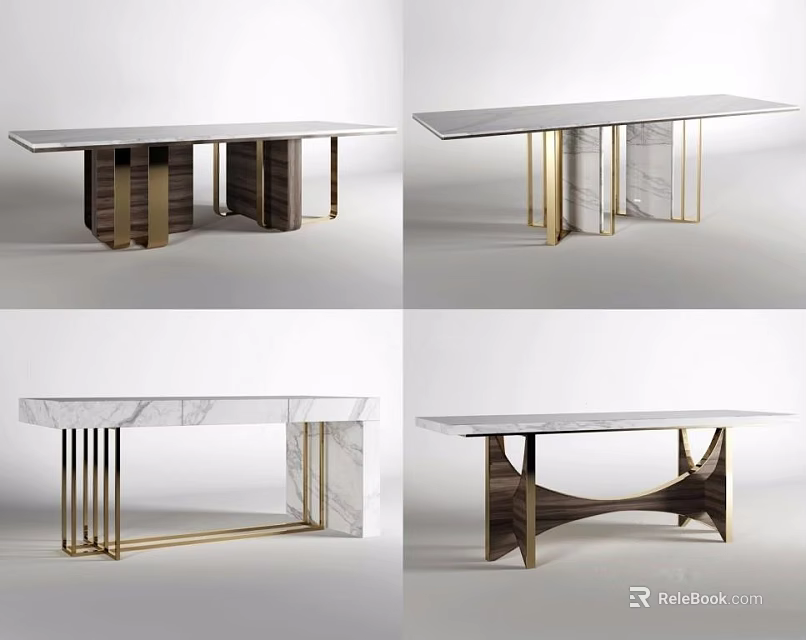 Modern Marble Top Dining Table With Gold And Dark Metal Legs Design 3d model 