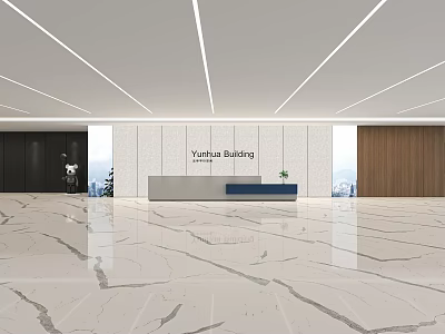 Modern Front Desk Reception in Yurthu Building With Marble Floor Wooden Panels and Spacious Design 3d model