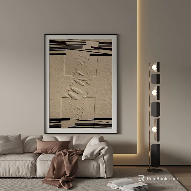Abstract Painting with Geometric Lines in Modern Living Room with Sofa and Floor Lamp 3d model 