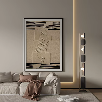 Abstract Painting with Geometric Lines in Modern Living Room with Sofa and Floor Lamp 3d model