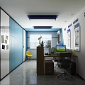 Modern Office Interior With Blue White Walls Wooden Doors Desk Chair Water Dispenser And Bookshelf
