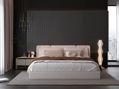 Modern White Double Bed With Upholstered Headboard Dark Textured Wall And City View Window 3d model