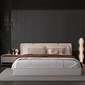 Modern White Double Bed With Upholstered Headboard Dark Textured Wall And City View Window