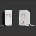 White Electronic Speakers With Mesh Design Red Accents And Power Button Cable