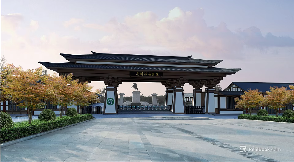 Traditional Chinese Entrance Gate With Classic Roof Wooden Columns Stone Pavement And Surrounding Trees 3d model 