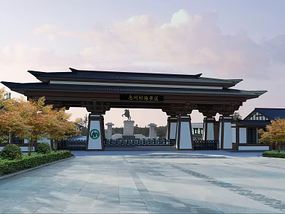 Traditional Chinese Entrance Gate With Classic Roof Wooden Columns Stone Pavement And Surrounding Trees 3d model