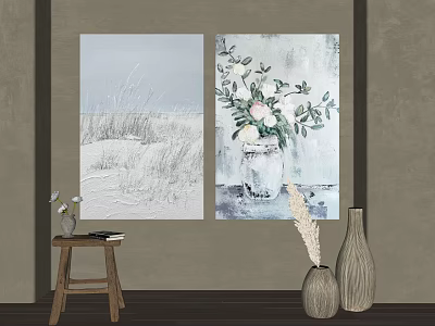 Interior Wall Decor With Beach Grass And Floral Vase Paintings Wooden Stool And Decorative Vases 3d model