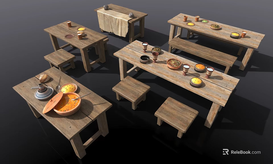 Rustic Wooden Table and Bench Set with Multiple Natural Dining Tables and Wood Chairs 3d model 