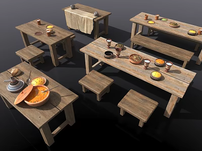 Rustic Wooden Table and Bench Set with Multiple Natural Dining Tables and Wood Chairs 3d model