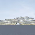 Modern Office Building With Unique Curved Design Glass Curtain Walls Surrounding Trees And Illuminated Exterior
