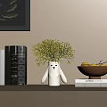 Decorative Ornament Set With White Rabbit Vase Yellow Flowers Fruit Bowl Stacked Books On Bookshelf