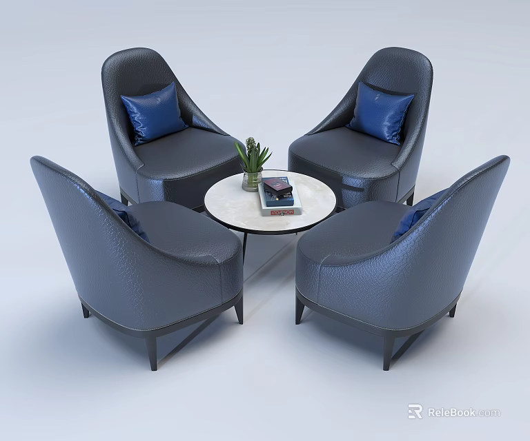 Modern Gray Leather Chairs With Round Marble Table And Blue Cushions 3d model 