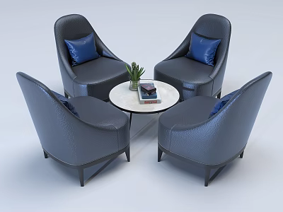 Modern Gray Leather Chairs With Round Marble Table And Blue Cushions 3d model