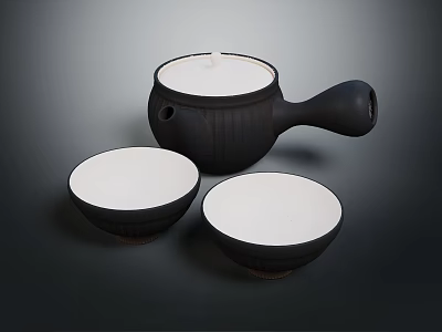 Black Ceramic Teapot With Two White Bowls For Daily Tea Use 3d model