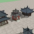 Chinese Style Pavilions with Traditional Roofs and Various Designs Arranged on Tiled Ground