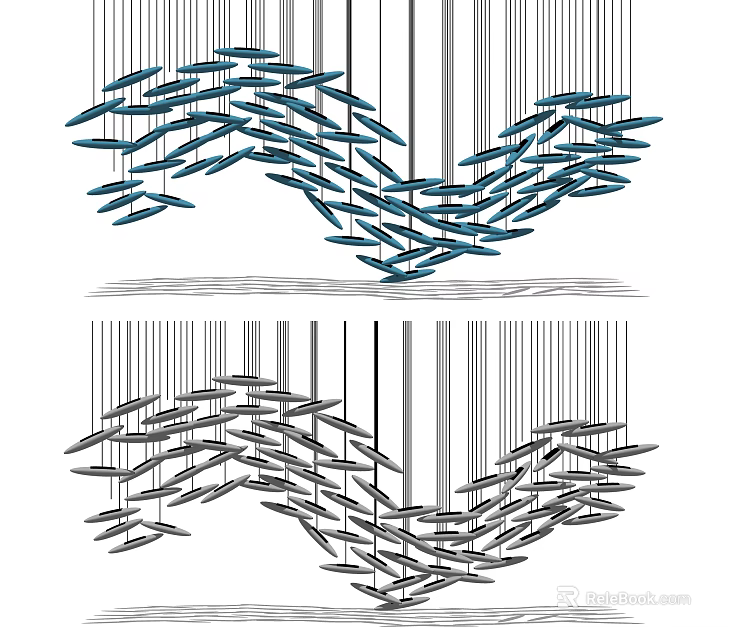 Modern Wave Shaped Chandelier with Leaf Like Components in Blue and Gray Tones Stylish Design 3d model 