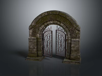 Scenic Ancient Stone Archway With Half Open Intricate Iron Gates 3d model