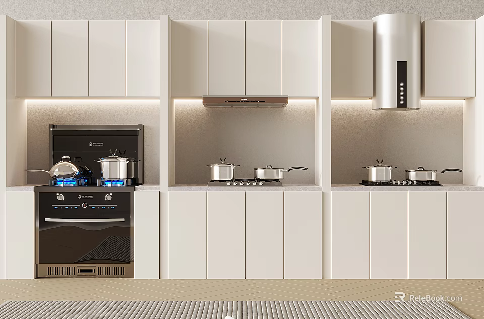 Modern Kitchen Interior With White Cabinets Cooktops And Stainless Steel Appliances 3d model 