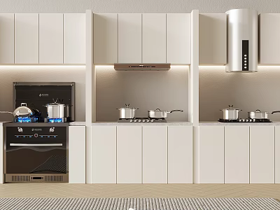 Modern Kitchen Interior With White Cabinets Cooktops And Stainless Steel Appliances 3d model