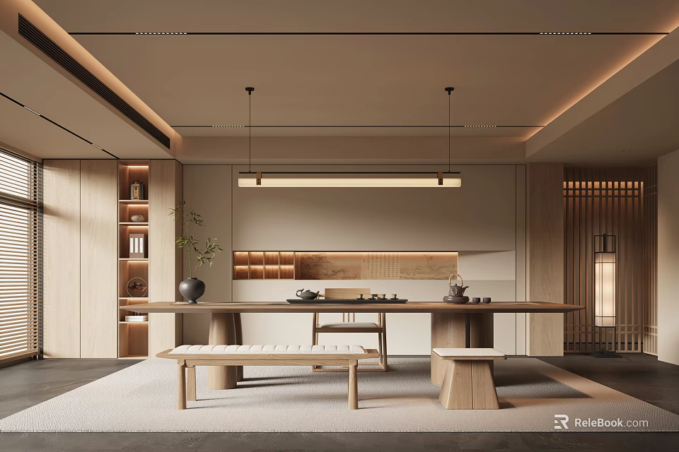 Modern Teahouse Interior With Wooden Tea Table Bench Seats And Pendant Lights 3d model 