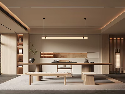 Modern Teahouse Interior With Wooden Tea Table Bench Seats And Pendant Lights 3d model