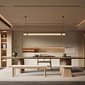 Modern Teahouse Interior With Wooden Tea Table Bench Seats And Pendant Lights