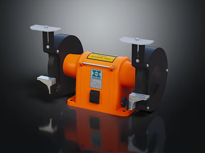 Orange Bench Grinder With Double Grinding Wheels And Safety Labels On Workbench 3d model