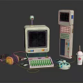 Vintage Computer Setup With Monitor Keyboard Headphones Floppy Disk And Drink Cup