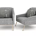 Gray Striped Single Sofa With Gold Legs And Geometric Pillows 3d model