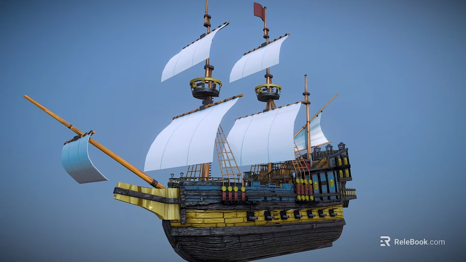 Classic Sailing Ship With Multiple Masts White Sails Wooden Hull And Red Flag 3d model 