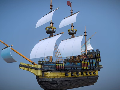 Classic Sailing Ship With Multiple Masts White Sails Wooden Hull And Red Flag 3d model