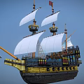 Classic Sailing Ship With Multiple Masts White Sails Wooden Hull And Red Flag 3d model