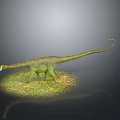 Green Long Necked Dinosaur With Long Tail Standing On Grassland In Gray Background