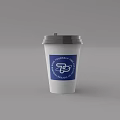 Takeaway Beverage In Disposable Paper Cup With Gray Lid And Blue Logo