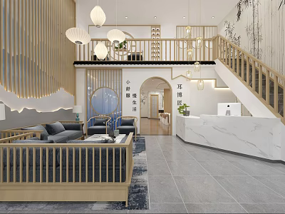 Serene SPA Sauna Interior With Modern Wooden Elements Hanging Lanterns And Reception Area 3d model
