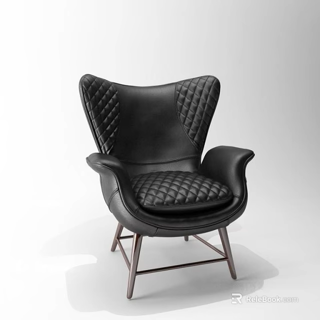 Black Leather Wingback Single Sofa With Quilted Stitching And Metal Legs 3d model 