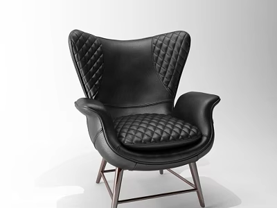 Black Leather Wingback Single Sofa With Quilted Stitching And Metal Legs 3d model