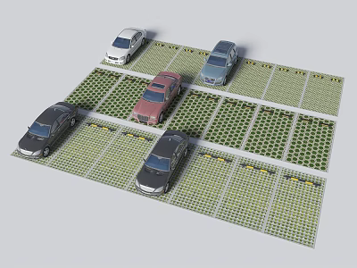 Organized Parking Lot With Multiple Cars Parked On Green Grid Pattern Surface 3d model