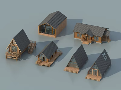Various Wooden House Models With Gabled Roofs Porch And Large Windows 3d model