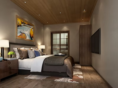 Cozy Hotel Guest Room With Comfortable Bed Wooden Floor Wall Art Table Lamps And TV 3d model