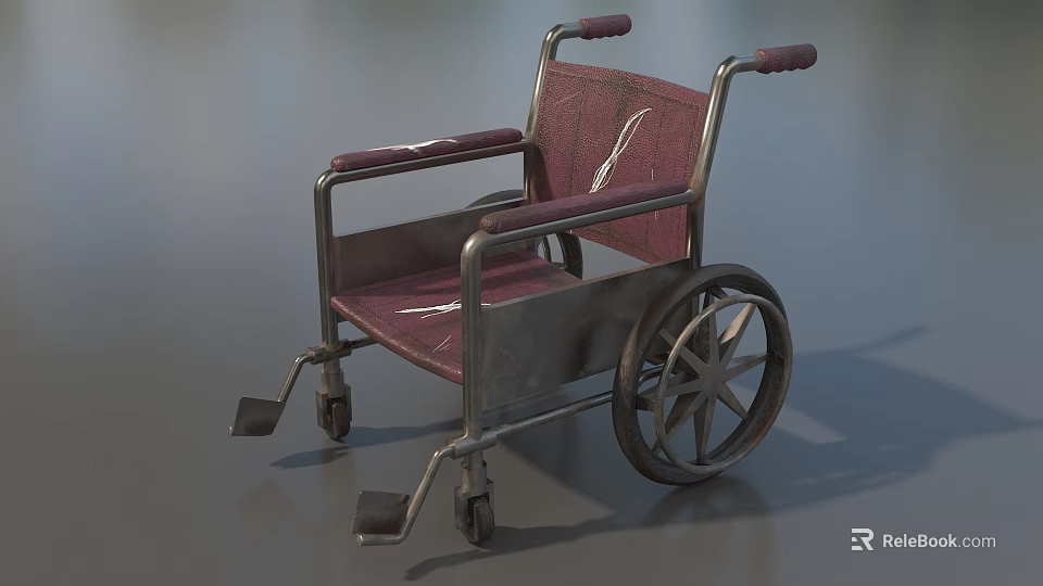Medical Equipment Wheelchair Featuring Red Upholstered Seat And Metal Frame With Spoked Wheels 3d model 