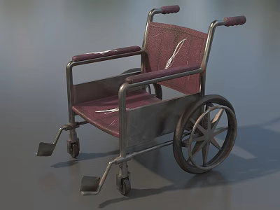 Medical Equipment Wheelchair Featuring Red Upholstered Seat And Metal Frame With Spoked Wheels 3d model