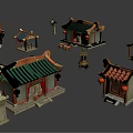 Cartoon Scenery of Traditional Chinese Architecture Models With Green Red Roofs Lanterns And Incense Burners