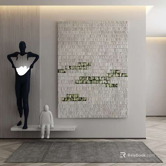 Contemporary Art Installation With Black Sculpture White Figure And Wall With Green Square Patterns 3d model 