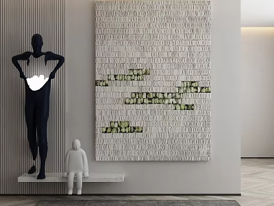 Contemporary Art Installation With Black Sculpture White Figure And Wall With Green Square Patterns 3d model